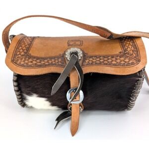 VTG 90s Y2K Sterling Leather Tooled Western Cow Hair Hide Barrel Bag Rodeo Boho